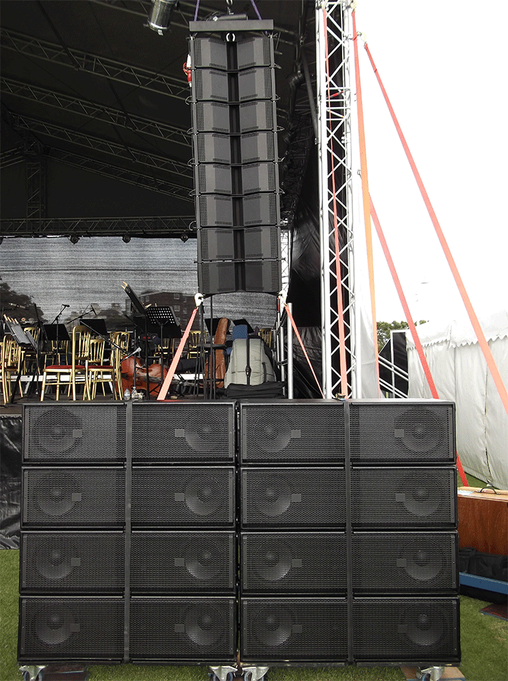 Flown HK Audio Cohedra line array with HK Audio Cohedra sub's.